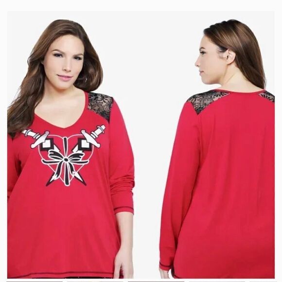 Torrid plus size 2 heart dagger tattoo long sleeve v neck shirt top - Picture 1 of 4